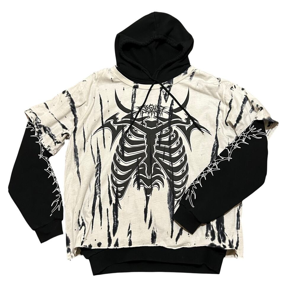 Hot Topic Skeleton Rib Cage Tie-Dye Layered Hoodie w/ Flame Sleeves Unisex Med